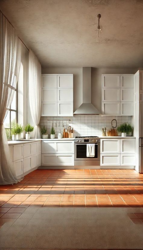 15+ Beautiful Colors to Pair with Terracotta Floor Tiles Instantly 37 Terracotta Kitchen Floor White Cabinets, Teak Parquet Floor, White Kitchen Terracotta Floor, Kitchen Floor White Cabinets, Flooring Transition Ideas Open Concept, Terra Cotta Floor Kitchen, Terracotta Floor Living Room, Terracotta Floor Tiles Kitchen, Terracotta Floor Kitchen