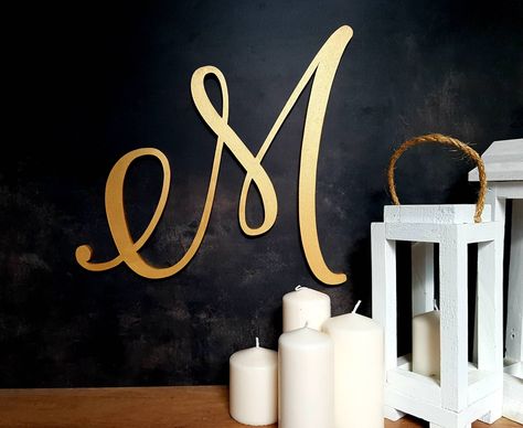 extra large wood letter, initial wall hanging, wedding backdrop letter sign decorative gold monogram M wooden wall decor calligraphy initial by MTMworkshop on Etsy #personalizedgifts #homedecor #initials #woodenletters #couplegifts #uniquegifts #housewarminggifts #weddingbackdrop Large Wood Letters, Large Wooden Letters, Letter Wall Decor, Initial Wall, Wood Pallet Wall, Wood Letter, Pallet Wall, Gold Monogram, Wooden Wall Decor