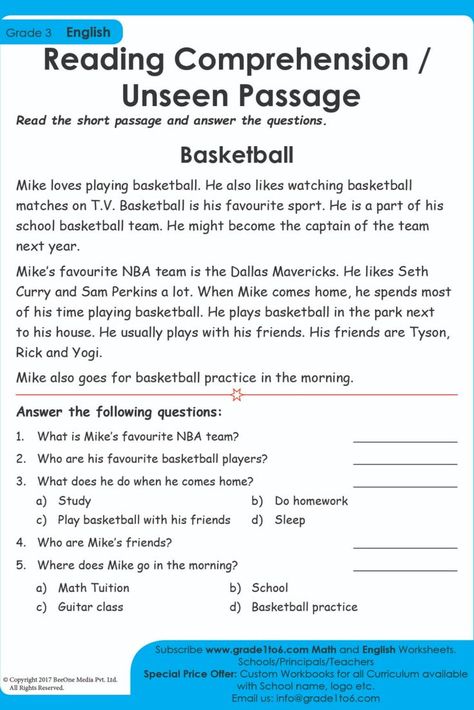 This Unseen passage for class 3 will prepare you for the English exam well. Mike loves playing basketball. He also likes watching basketball matches on T.V Subscribe to www.grade1to6.com for just $25 a year to get 6000 plus Maths and English worksheets for Grade 1 to Grade 6 #mathworksheets #schoolprincipals #englishworksheets Unseen Passage For Class 2 In English, English Olympiad Worksheets Grade 3, Unseen Passage, English Exam For Grade 1, Unseen Passage For Class 1, Unseen Passage In English For Class 5, Unseen Passages For Grade 2, English Passages For Class 3, Unseen Passage In English Grade 3