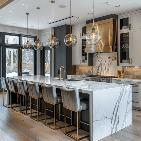 Glamorous Kitchen Modern, Kitchen Island With Waterfall Edge, Modern Kitchen Dark, Top Kitchen Designs, Houses Kitchen, Kitchen Eating Areas, Kitchen Extensions, Inspiring Lifestyle, Colorado House