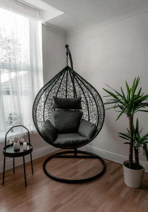 - 140KG Weight Loading - Adjustable Height - Suitable For Indoor/Outdoor - 95CM(W) x 85CM(D) x 109CM(H) - 103CM Diameter Base - 200CM(H) Stand Black Egg Chair, Upcycle Chair, Hanging Chair With Stand, Chair Garden, Balcony Chairs, Black Cushion, Clear Backpack, Hanging Egg Chair, Patio Balcony