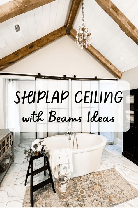 If you want to install exposed ceiling beams in your home, you may want to consider designing a shiplap ceiling with beams. The attractive framework of Wood Ceilings With White Beams, False Beams Vaulted Ceiling, Vaulted Ceiling With Shiplap And Beams, 9ft Ceilings With Beams, Beams And Shiplap Ceiling, Shiplap Ceiling Vaulted Living Room, Cathedral Ceiling Beams, A Frame Ceiling Ideas, Vaulted Bathroom Ceiling