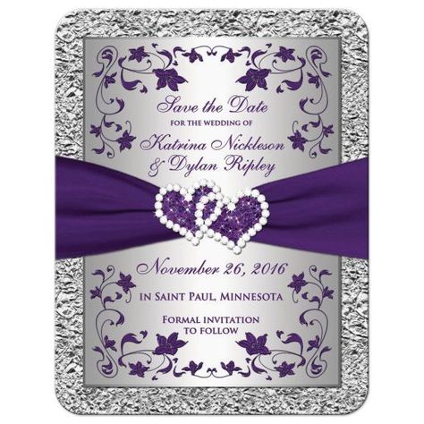 Purple And Silver Wedding, Wedding Reception Planning, Floral Wedding Cakes, Purple Wedding Invitations, Purple And Silver, Save The Date Card, Printed Ribbon, Wedding Save The Date, Affordable Wedding