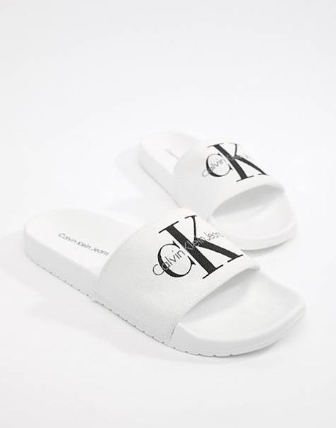 Calvin Klein Viggo Logo sliders in white Kelvin Klein, Nike Cortez Leather, White Sliders, Calvin Klein Outfits, Timberland Classic, Boys Slippers, Shoe Wishlist, Suede Trainers, Men Stylish Dress