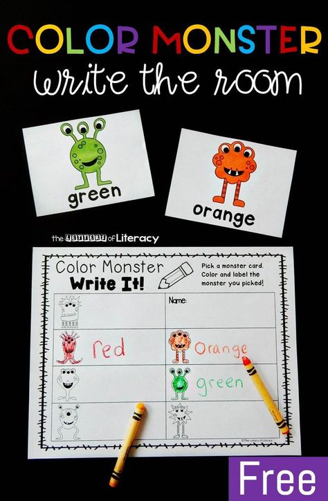 This fun color monster write the room activity makes learning color words even more exciting! Grab the free printable and you have a new writing center! Color Centers For Kindergarten, Color Unit Kindergarten, Teaching Color Words, Color Words Kindergarten, Writing Activities For Kindergarten, Kindergarten Writing Center, The Color Monster, Color Word Activities, Read And Color