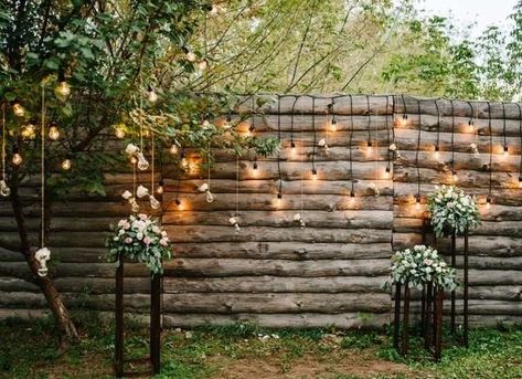 Create a quaint, whimsical garden with string lights on the fence. | 13 Breathtaking Ideas for Backyard String Lights Backyard Fence Decor, Backyard String Lights, Small Backyard Wedding, Diy String Lights, Hanging String Lights, Fence Lighting, Backyard Lighting, Fence Decor, Solar String Lights