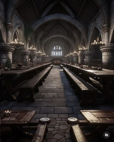 Medieval Castle Great Hall, Fantasy Training Grounds, Winterfell Aesthetic, Monastery Aesthetic, Medieval Castle Interior, Dragonstone Castle, Arryn House, Mess Hall, Dragon Castle