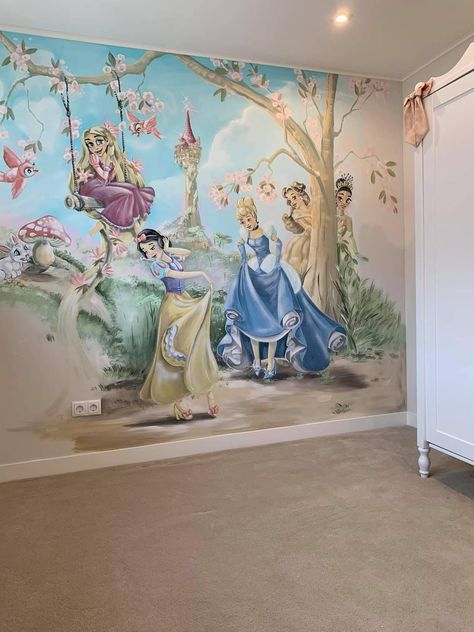 Disney Princess Nursery Mural, Disney Bedroom Wall, Disney Mural Bedroom, Disney Princess Mural, Accent Wall Kids Room, Princess Wall Mural, Painting Classroom, Princess Mural, Design Accent Wall