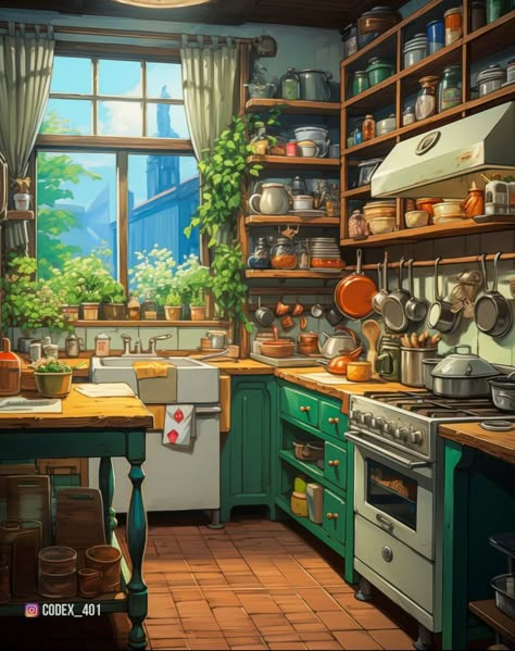 Ghibli Kitchen Aesthetic, Ghibli Interior Design, Ghibli House Interior, Ghibli Kitchen, Manipulative Parents, Small House Model, Personal Project Ideas, Source Of Income, Dreamy Artwork