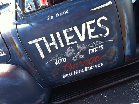 Hot rod door art Truck Door Art, Rat Rod Ideas, Truck Lettering, Door Signage, Door Letters, Rat Rod Trucks, Logos Vintage, Shop Truck, Truck Signs