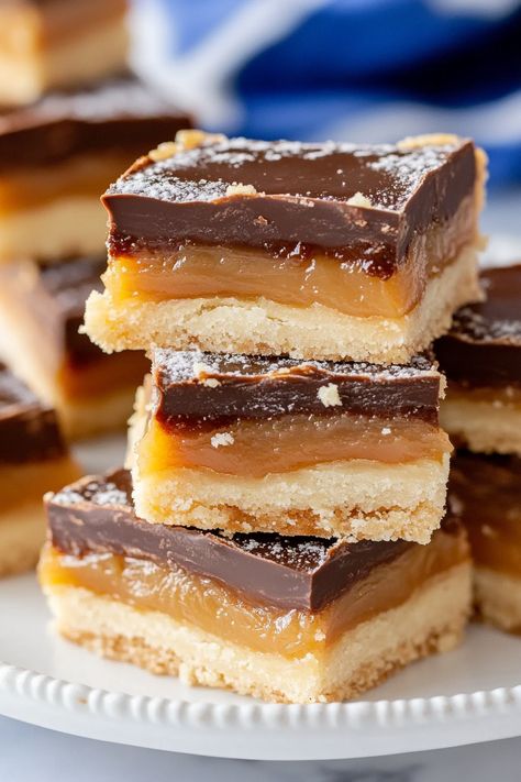 Chocolate Caramel Shortbread Bars Caramel Chocolate Shortbread Bars, Shortbread Caramel Chocolate Bars, Caramel Shortbread Squares, Can’t Leave It Alone Bars, Salted Caramel Squares, 7 Layer Bars With Shortbread Crust, Shortbread Bar Cookies, Billionaire Shortbread, Bar Recipes Dessert