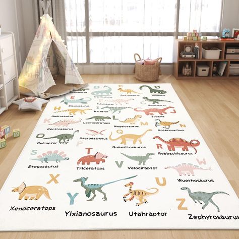 PRICES MAY VARY. 【Dinosaur Rug Size and Quality Material】This abc alphabet kids play rug measures 47.2"x71" (120cmx180cm), and can be placed in nursery, kids play room or bedroom. Made of polyester fiber, this cute dino rug for boys room is ultra soft, cuddly, durable and skin-friendly. Designed with NONSLIP latex backing, this 4x6ft colorful letter play rug with dinosaur theme is nonslip, very easy to fold, transport or wash, not easy to move. 【Funny Alphabet Educational Rug for Kids】If your li Dinosaur Bedroom Ideas For Boys, Dinasour Room Toddler, Dino Theme Nursery, Boys Room Dinosaur Theme, Dino Nursery Ideas, Baby Room Dinosaur Theme, Neutral Dinosaur Room, Toddler Boy Dinosaur Room Ideas, Jurassic Park Nursery