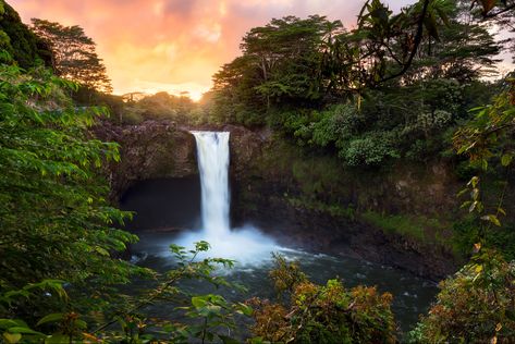 Rainbow Falls is a magnificent waterfall located in Hilo, Hawaii. If the sun is out and you arrive at the right time in the morning, you can see a rainbow appear in the waterfall's mist. In this image, I captured a beautiful hazy sunset. It was a perfect end to a wonderful day on the Big Island of Hawaii. Rainbow Falls Hawaii, Hawaii Waterfalls, Sunset Rainbow, Hawaii Big Island, Hawaii Wall Art, Island Photography, Wall Art Acrylic, Waterfall Landscape, Rainbow Falls