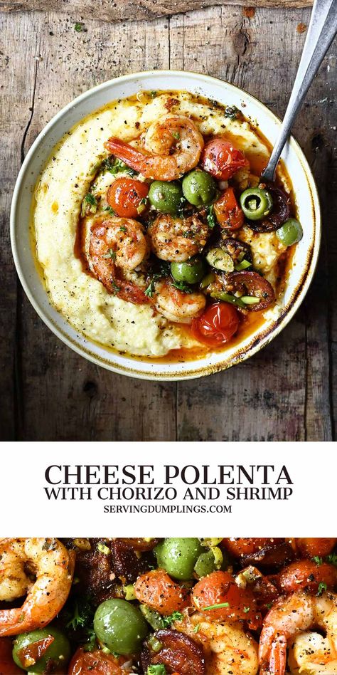 Cheese Polenta with Chorizo and Shrimp - Serving Dumplings Serving Dumplings, Shrimp And Chorizo, Mediterranean Seafood, Cheesy Polenta, Cheese Polenta, Seafood Medley, Polenta Recipes, Table D Hote, Manchego Cheese