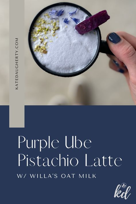 New Recipe: Purple Ube Pistachio Latte || Made with Willa's Organic Oat Milk (aka the BEST ever). This latte is loaded with antioxidants from the purple pigmented yam and balanced with sweet nutty flavor from pistachios. Make it yourself at home for a #dairyfree indulgence. >> Full Recipe details at katedaugherty.com Ube Latte Recipe, Ube Latte, Pistachio Coffee, Pistachio Latte, Pistachio Syrup, Oat Milk Recipe, Bakery Goods, Orange Sweet Potatoes, Almond Bread