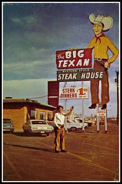 The Big Texan Ranch - Amarillo, Texas This was in the 1960s, when the restaurant was on East Amarillo Blvd. They always had a cowboy waving in the summer. Texas Panhandle, Amarillo Texas, Amarillo Tx, Vintage Neon Signs, Steak House, Camping Locations, Texas History, Hollywood Actors, Fun Signs