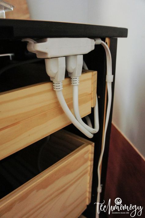 IKEA Hack: DIY Electronics Charging Cabinet • techmomogy Usb Charging Station Ideas, Charging Stations For Electronics, Ikea Hack Charging Station, Charging Cabinet Ideas, Diy Charging Station Nightstand, Hemnes Side Table Hack, Laptop Charging Station Ideas, Hidden Charging Station Ideas, Charging Station Cabinet