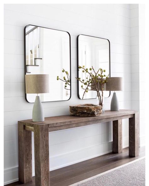 Ursino Interiors & Tips For 🏠 on Instagram: “The ideal size when hanging art or a mirror over a console? About 2/3! I love the way @changoandco opted for two mirrors here to help fill…” Entryway Stairs, Rustic Console Tables, Entryway Table Decor, Custom Furniture Design, Modern Entryway, Entryway Console Table, Foyer Decorating, Entryway Console, Hallway Ideas Entrance Interior Design