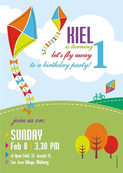 Cute invite only w/birthday colors; maybe Danielle could design one? Kite Birthday Party, Kite Party, First Birthday Party Themes, Kite Flying, 1st Birthdays, A Plane, Party Props, Outdoor Party, 1st Birthday Parties