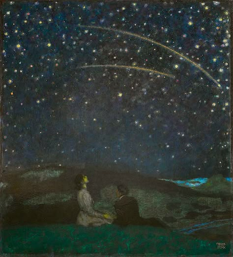 Franz Von Stuck, Medieval Paintings, Moonlight Painting, Rennaissance Art, Nostalgic Art, Star Painting, Unique Drawings, Falling Stars, Virtual Art