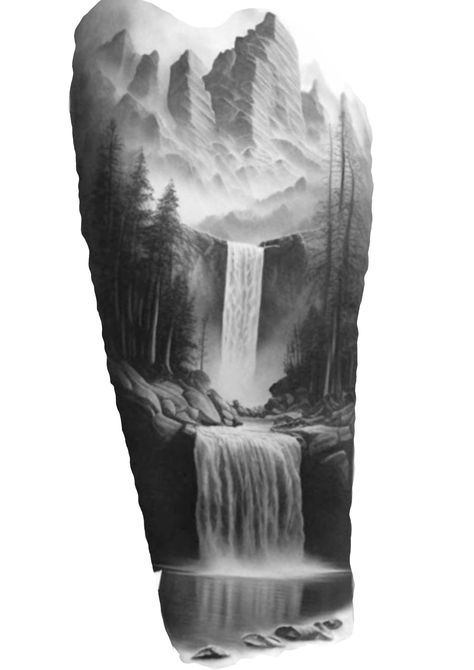 Waterfall Mountain Tattoo, Waterfall Tattoo, Waterfall Drawing, Waterfall Mountain, Animal Sleeve Tattoo, Animal Sleeve, Arm Sleeve Tattoos, Mountain Tattoo, Tattoo Sleeve