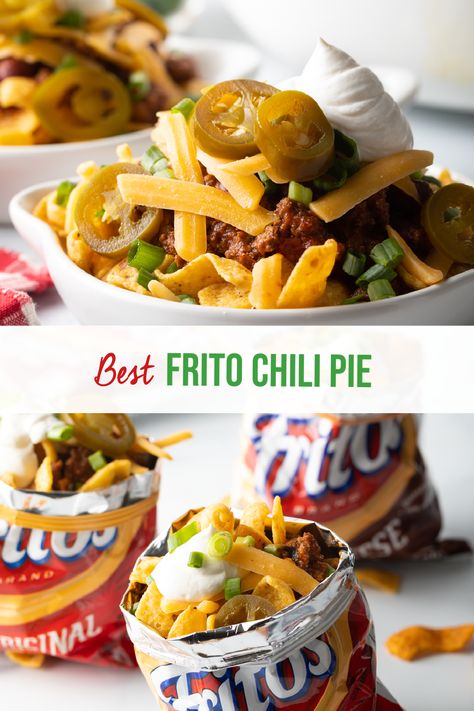 The Best Frito Chili Pie - An easy recipe for classic Frito "pie" made with flavorful beef chili and corn chips! Perfect to serve in a bowl or right in the bag with shredded cheese and all your favorite toppings. We love this as a camping meal recipe: just prepare the chili ahead of time, reheat over the campfire, and stuff the Fritos bags on the spot! | A Spicy Perspective Camp Chili Recipe, Frito Chili Pie Recipe, Chili Pie Recipe, Frito Recipe, Frito Pie Recipe, Frito Chili, Frito Chili Pie, Chili Cheese Fritos, Chili Pie