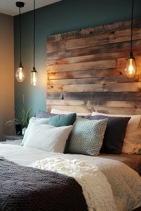 "Add rustic charm to your bedroom with a DIY Pallet Wood Headboard! 🛠️🛏️ This project is perfect for creating a unique and budget-friendly focal point. 🌟✨ #DIYHomeDecor #PalletProjects #RusticStyle" Barnwood Headboard With Lights, Pallets Headboard Ideas, Pallet Wood Wall Bedroom, Pallet Wall Bedroom Ideas, Pallet Bedroom Wall, Handmade Headboards Wood, Scrap Wood Headboard, Diy Rustic Headboard Ideas, Homemade Wood Headboard