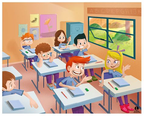 Classroom Illustration, Upa Style, Classroom Scene, Perspective Pictures, Illustration Example, Book Illustration Design, Kids Cartoon Characters, Book Cover Artwork, Picture Books Illustration