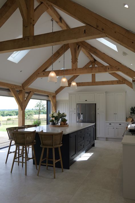 Kitchen With Pitched Ceiling, Exposed Beams Ceiling Kitchen, Pitched Roof Kitchen, Building Ribbons, Kitchen With Wood Beams, Barn House Conversion, Quartz Island, Inframe Kitchen, Barn Conversion Interiors