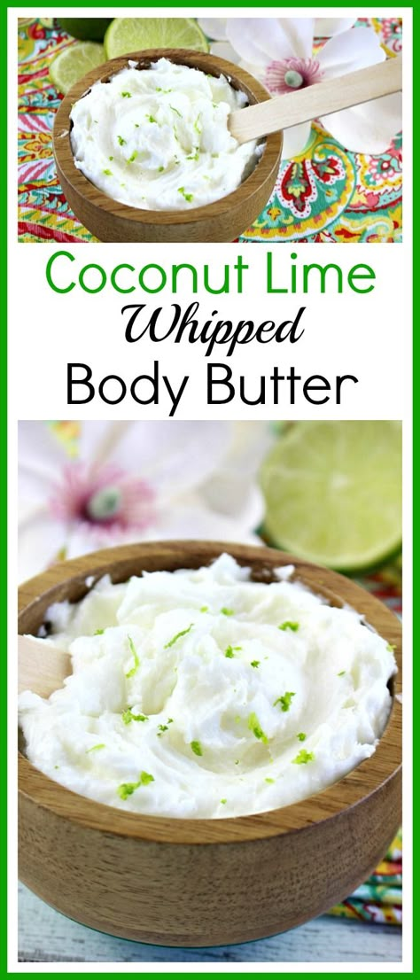 Coconut Lime Whipped Body Butter Recipe! This coconut lime whipped body butter is easy to make, smells wonderful, and leaves your skin feeling moisturized and soft! It'd be a great DIY gift! Whipped Body Butter Recipe, Diy Coconut, Săpunuri Handmade, Homemade Body Butter, Diy Body Butter, Body Butters Recipe, Beauty Products Gifts, Diy Scrub, Homemade Beauty