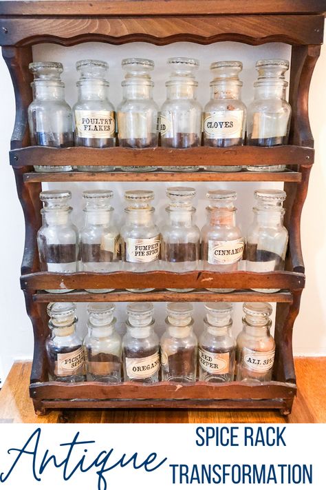 antique spice rack on a wood counter top with a white background. Vintage Spice Rack Makeover, Vintage Spice Rack Ideas, Antique Spice Rack, Spice Rack Ideas Diy, Upcycled Spice Rack, Repurpose Spice Rack, Spice Display, Spice Rack Vintage, Spice Rack Ideas