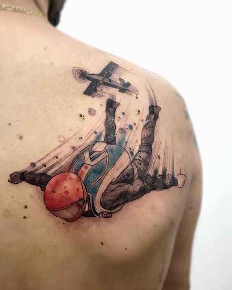 Tattoo artist Felipe Mello Parachute Tattoo Design, Skydive Tattoo Ideas, Paragliding Tattoo, Parachute Tattoo, Sky Dive, Tattoo Quotes For Men, Dove Tattoos, Black Sketch, Airplane Tattoos