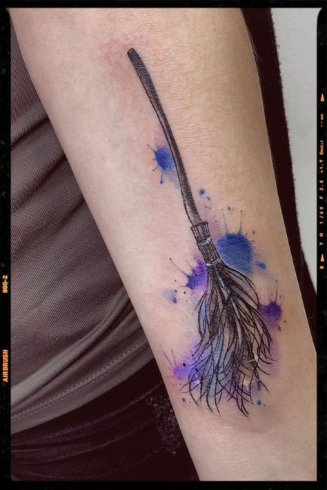 Witch's Magic Broom Tattoo Inspiration Broom And Witch Hat Tattoo, Witch Broom Tattoo Design, Harry Potter Broom Tattoo, Witchy Broom Tattoo, Wicca Tattoos For Women, Wiccan Tattoos For Women, Minimalist Witch Tattoo, Witches Broom Tattoo, Magic Tattoo Witches