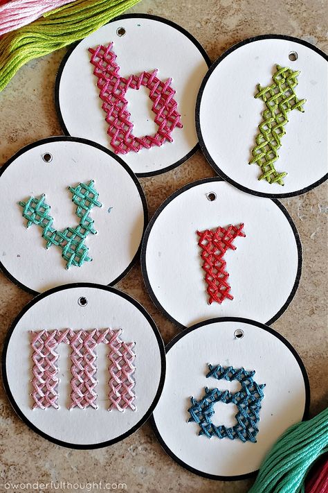 Cross Stitch Gift Tags with Initials - A Wonderful Thought Free Christmas Cross Stitch Patterns, Free Christmas Cross Stitch, Christmas Cross Stitch Patterns, Christmas Cross Stitch Patterns Free, Hand Embroidered Gifts, Christmas Embroidery Patterns, Free Printable Gift Tags, Holiday Cross Stitch, Simple Cross