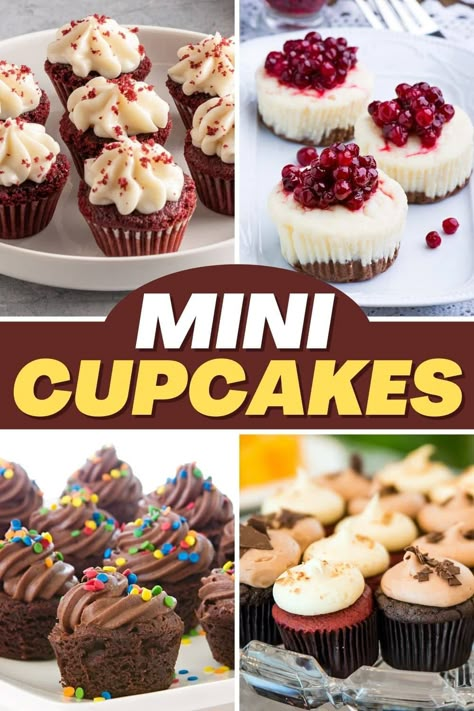 13 Mini Cupcakes That Are Almost Too Cute to Eat Mini Cupcake Box Ideas, Mini Smores Cupcakes, Mini Cakes Using Cupcakes, Mini Vanilla Cupcake Recipe, How To Frost Mini Cupcakes, Best Mini Cupcakes, Filled Mini Cupcakes, Desserts In Cupcake Liners, Fancy Mini Cupcakes