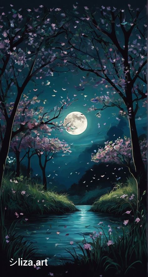 Moon Landscape Drawing, Night Painting Moonlight, Moon Night Painting, Painting Moonlight, Moon Landscape, Sparkle Wallpaper, Night Greetings, Crazy Wallpaper, Ni Idea