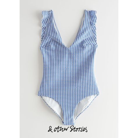 Seersucker swimsuit in an allover gingham pattern, featuring a ruffle trim at the shoulders and cut-out detailing at the back. Pool Fun, Swimsuit Blue, Future Wardrobe, Gingham Pattern, Cute Bathing Suits, Stretchy Pants, Swim Suits, Blue Swimsuit, Cute Swimsuits