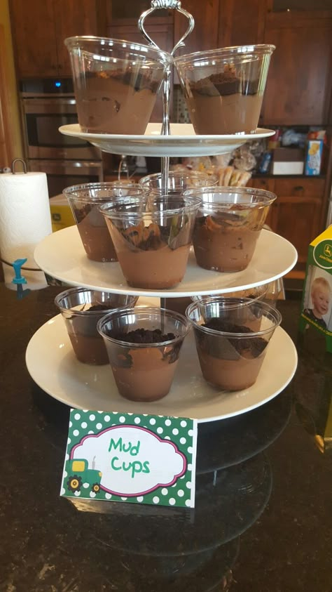 Mud cups for tractor party Fall Petting Zoo Party, Farm Themed Birthday Party Activities, Barnyard Birthday Games, Udderly In Love, Mid Afternoon Party Food, My First Rodeo Birthday Party Food Ideas, Farming Birthday Party, Party Till The Cows Come Home Birthday, My First Rodeo Food Ideas