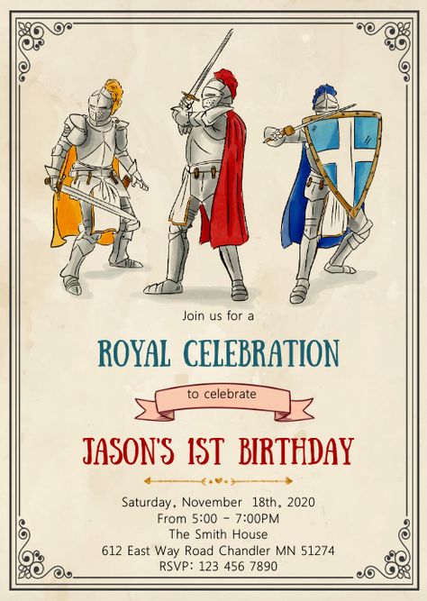 Knight Birthday Party Invitations, Knight Birthday, Knight Birthday Party, Social Media Posting Schedule, Invitation Design Template, Party Invite Design, Birthday Party Invitation Templates, Social Media Schedule, Party Invite Template