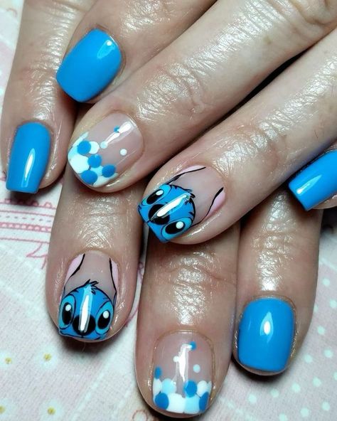 Bluey Cartoon Nail Art, Bluey Cartoon Acrylic Nails, Stitch And Angel Nail Art, Cute Cartoon Nails, Nail Art Designs Disney Lilo Stitch, Nail Designs Cartoon Disney, Halloween Nails Gel, Pixar Nails, Character Nail Art