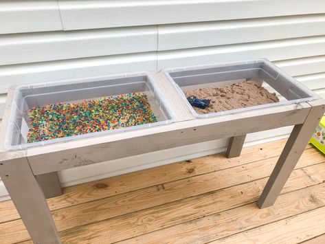 Diy Kids Storage Table, Sensory Bin Diy Table, Diy Sensory Table Plans, Build A Sensory Table, Diy Sensory Table With Ikea Bins, Wood Sensory Table, Outside Sensory Table, Build Your Own Sensory Table, Sensory Table Building Plans