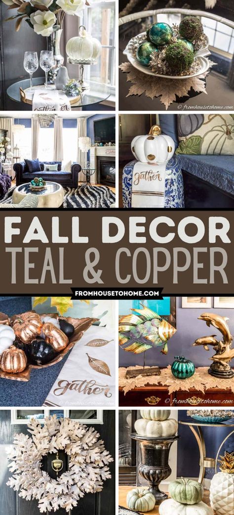 fall decor ideas: teal & copper Copper Fall Decor, Teal Fall Decor, Fall Room Decor Ideas, Traditional Fall Decor, Teal And Copper, Copper Fall, Interior Decorating Living Room, Fall Room, Fall Room Decor