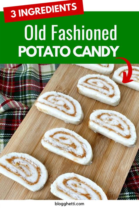 This 3 Ingredient Old Fashioned Potato Candy is made from a mashed potatoes with a layer of creamy peanut butter. It's a unique and delicious recipe that is so easy to make. #potato #peanutbutter #candy #potatocandy via @blogghetti Old Fashion Potato Candy, Mashed Potato Candy, Potato Candy Recipe, Leftover Baked Potatoes, Potato Candy, Butter Potatoes, Recipe Potato, Southern Plate, Peanut Butter Candy