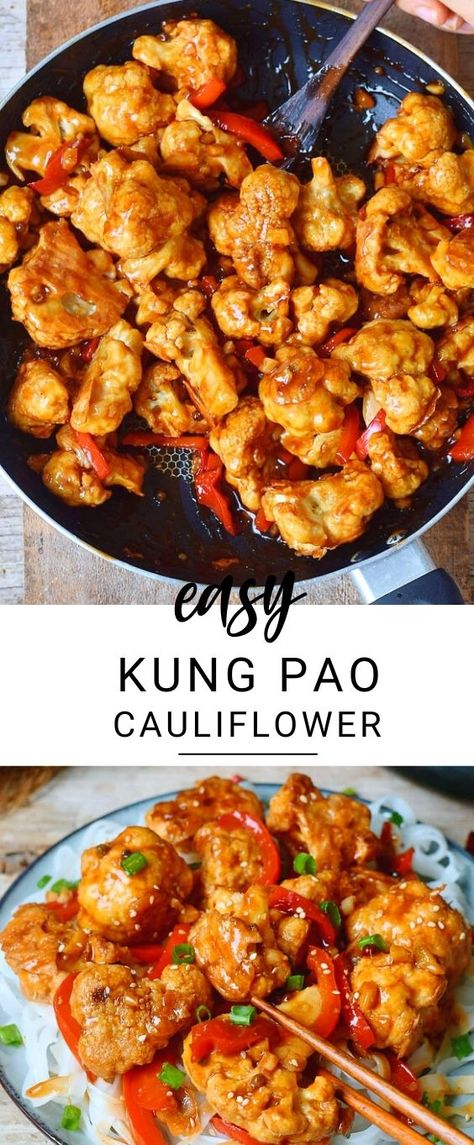 This Kung Pao Cauliflower is a delicious stir-fry which is spicy, hearty, satisfying, and comforting. It's a great meat-free Chinese takeout alternative to Kung Pao Chicken! The Kung Pao sauce has the perfect combination of spicy, salty and sweet flavors which will make your mouth water. The recipe is vegan, gluten-free, low in fat and calories, and can be made oil-free! #kungpao #kungpaocauliflower #veganstirfry #spicydinner #glutenfreevegan #elasrecipes | elavegan.com Vegan Chinese Food, Kung Pao Cauliflower, Cauliflower Vegan, Chinese Dinner, Vegan Chinese, Mapo Tofu, Cauliflower Recipes, Vegan Foods, Veggie Dishes