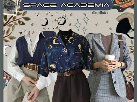 Space Academia Aesthetic Outfit, Astro Academia Outfit, Cosmiccore Outfits, Space Academia Outfit, Astronomy Aesthetic Outfit, Cosmic Core Outfits, Space Core Outfits, Astro Academia, Spacecore Aesthetic Outfit