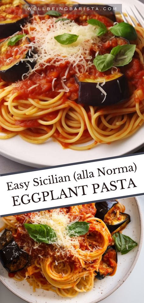 You'll love my Sicilian eggplant pasta alla norma with roasted eggplant, marinara, salted ricotta and Parmesan. Healthy and Vegetarian! #eggplantpasta #vegetarianpasta Eggplant With Pasta, Beef Eggplant, Eggplant Marinara, Sicilian Eggplant, Sicilian Pasta, Chicken Satay Skewers, Bruschetta Pasta, Eggplant Pasta, Red Sauce Pasta