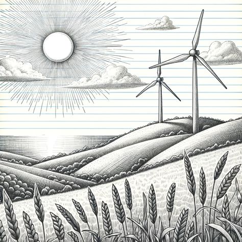 Inspiration from the iconic landscapes of Ngong, this intricate sketch captures the essence of home. The rolling hills juxtaposed with wind turbines evoke memories of serene afternoons overlooking the Ngong hills. Hills Drawing, Windmill Sketch, Winding Road Drawing, Wind Mill Drawing, Wind Mill Illustration, Windmill Tattoo, Mountain Drawing, Rolling Hills, Hills And Valleys