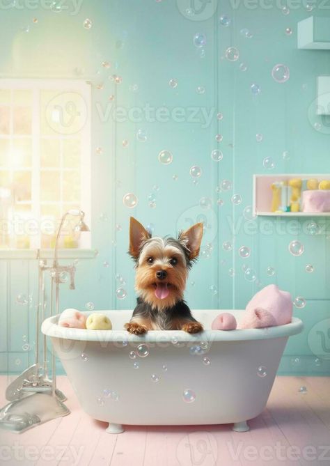 Groomer Photoshoot, Pet Background, Dog Boutique Ideas, Bathroom Paintings, Cute Pastel Colors, Dog Bathing, Soap Foam, Small Bathtub, Pet Spa