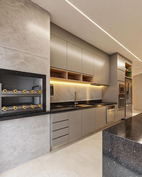 Vítor Silva • Arquitetura | cozinha l residência LE . cozinha gourmet que conta com churrasqueira, fogão de indução, lava louças e torre de fornos! O conceito do… | Instagram Area Gourmet, Dr House, Indoor Design, Home Theater Rooms, House Design Kitchen, Plan Design, Kitchen Style, Modern Kitchen Design, Home Deco