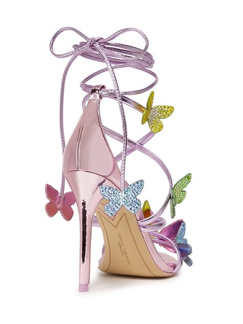 "Find SOPHIA WEBSTER Vanessa 100mm Nappa Leather Sandals on Editorialist. Sophia Webster's Vanessa stiletto-heel sandals are detailed with playful butterflies. Open toe Ankle-wrap closure Polyester/nappa leather upper Leather sole Imported SIZE Stiletto heel: about 4\" (100mm). Sophia Webster. Color: Rosa Multi Pastel. Size: 7." Sophia Webster Heels, Glitch Mode, Sophia Webster Shoes, Butterfly Sandals, White Strappy Sandals, Butterfly Shoes, Luxury Heels, Ankle Wrap Sandals, Wrap Sandals